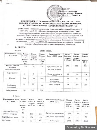 Шымкент қаласы білім басқармасының 2023 жылға бекітілген жаңа 2 аусымдық, 2 апталық ас мәзірі